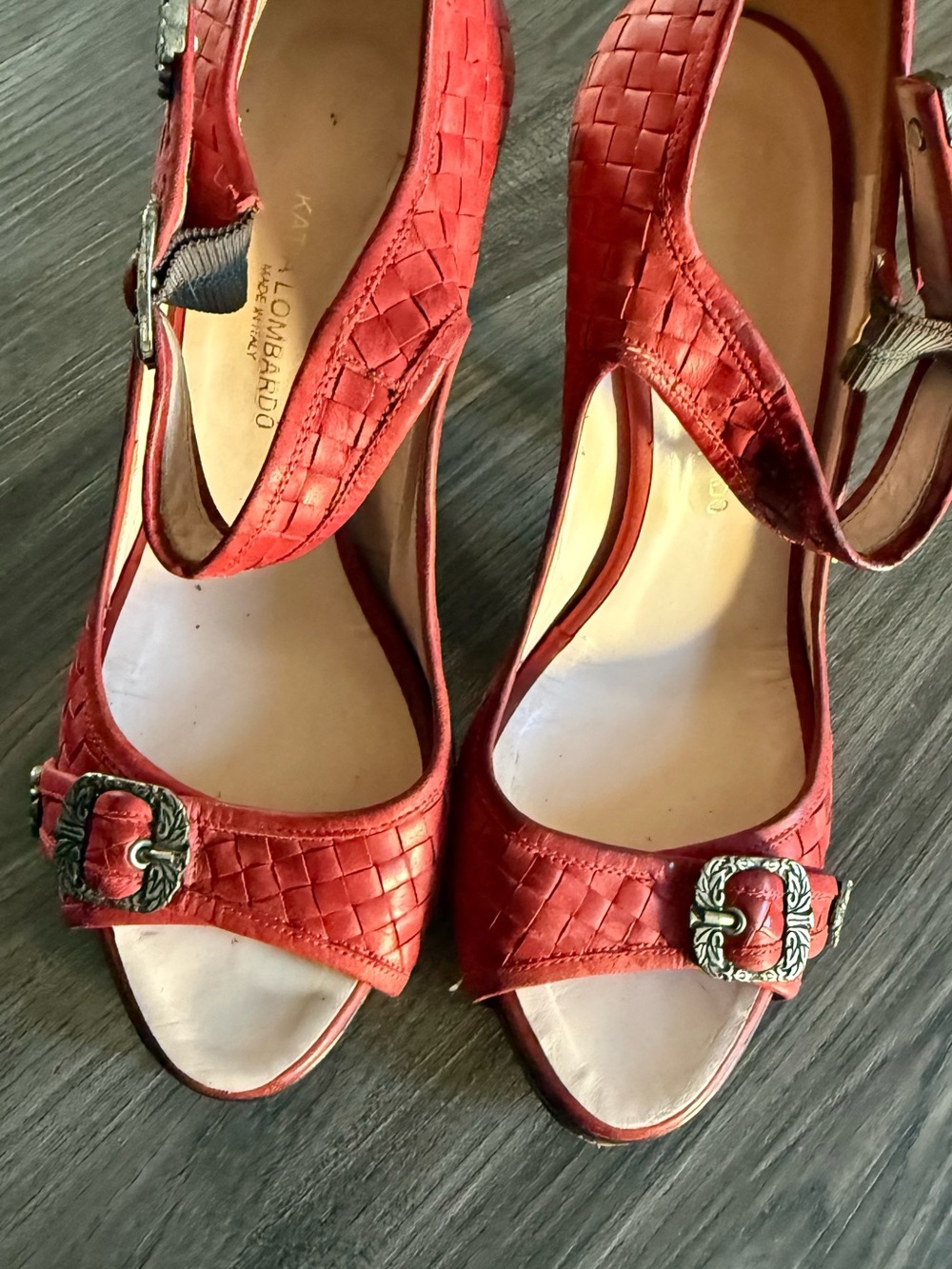Katia Lombardo,Made in Italy Red Woven Leather Peep Toe Slingback Heels size 8